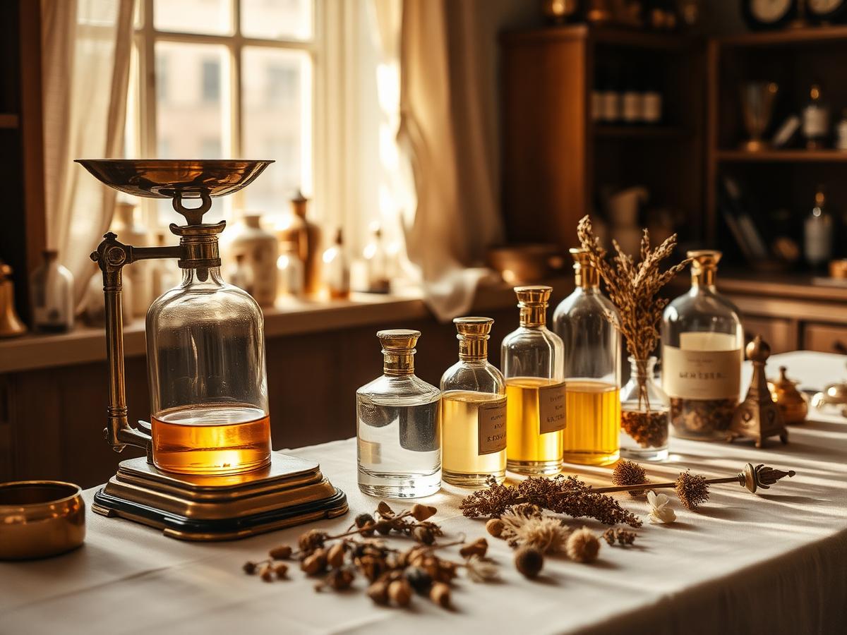 Pracownia perfumeryjna z aptekarskimi flakonami i suszonymi botanikami